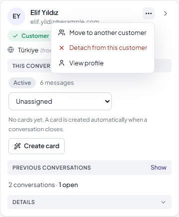 Person panel: a customer, the open “⋯” menu, this conversation and the previous conversations line