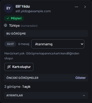 Kişi paneli: müşteri, açık “⋯” menüsü, bu görüşme ve önceki görüşmeler satırı