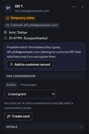 Person panel: a temporary visitor, a claimed address and the Add to customer record button