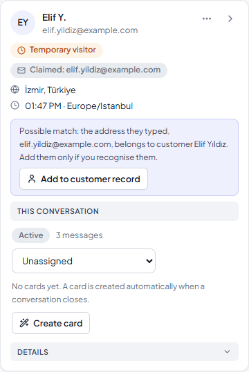 Person panel: a temporary visitor, a claimed address and the Add to customer record button