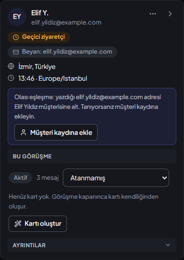 Kişi paneli: geçici ziyaretçi, beyan edilen adres ve Müşteri kaydına ekle düğmesi