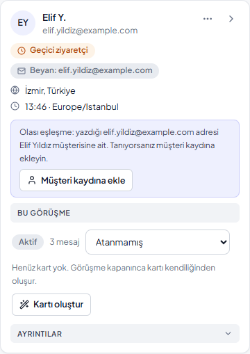 Kişi paneli: geçici ziyaretçi, beyan edilen adres ve Müşteri kaydına ekle düğmesi